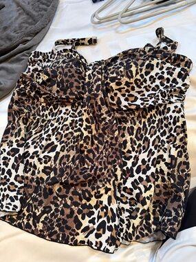 Leopard Print Bustier Tankini Top - Brown & Black